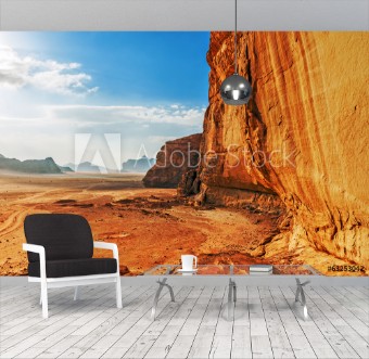 Picture of Red sandstone cliff in the desert of Wadi Rum